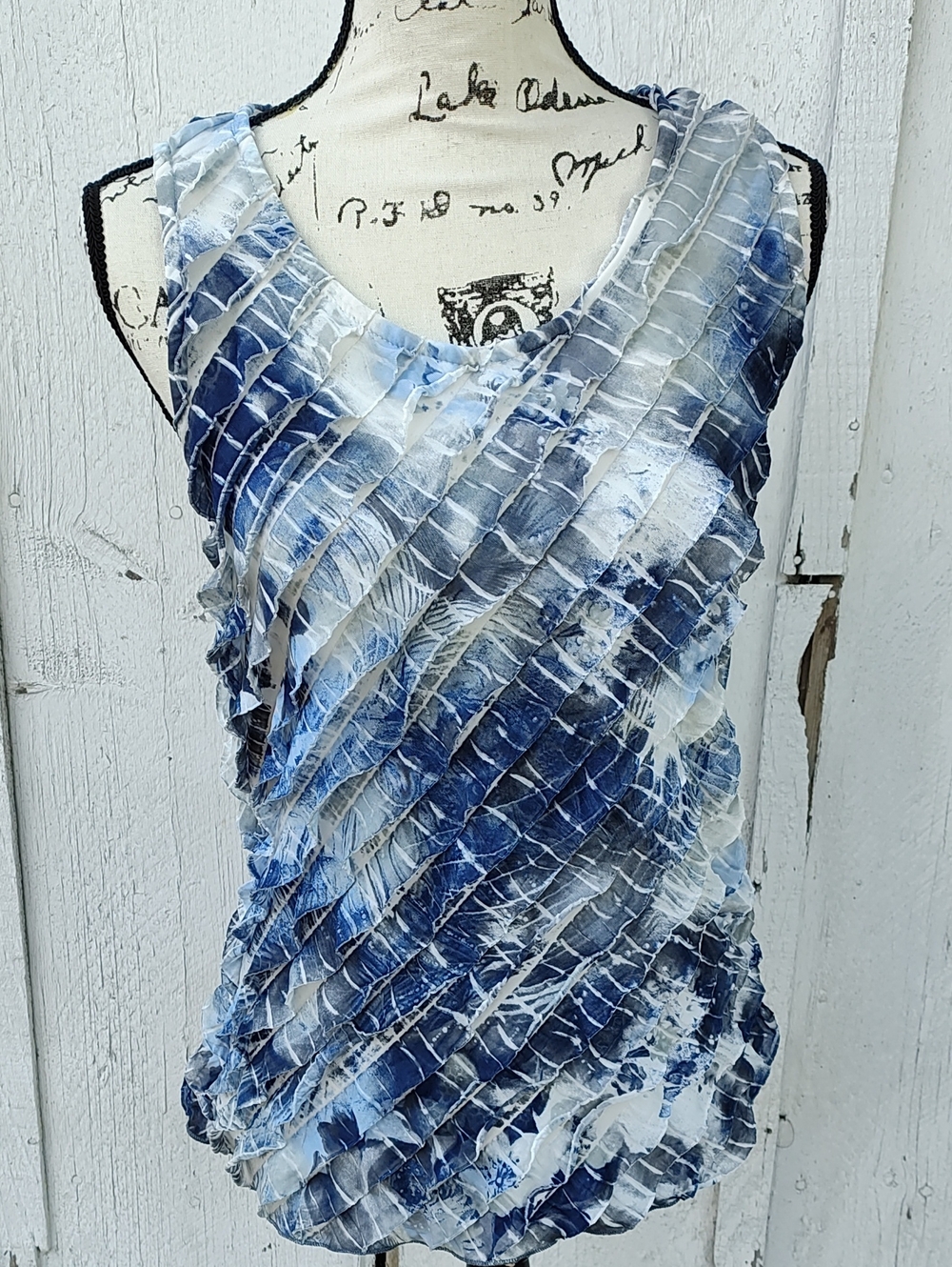 Christopher & Banks Blue and White Textured Ruffle Tank